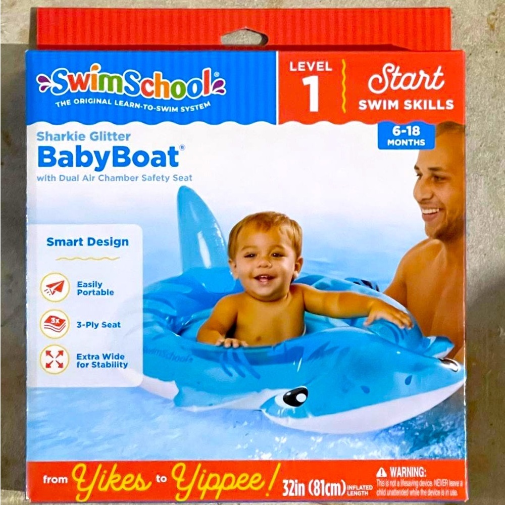 Swim School Sharkie Glitter Level 1 Baby Boat Inflatable Pool Float 6-18 mth NIB